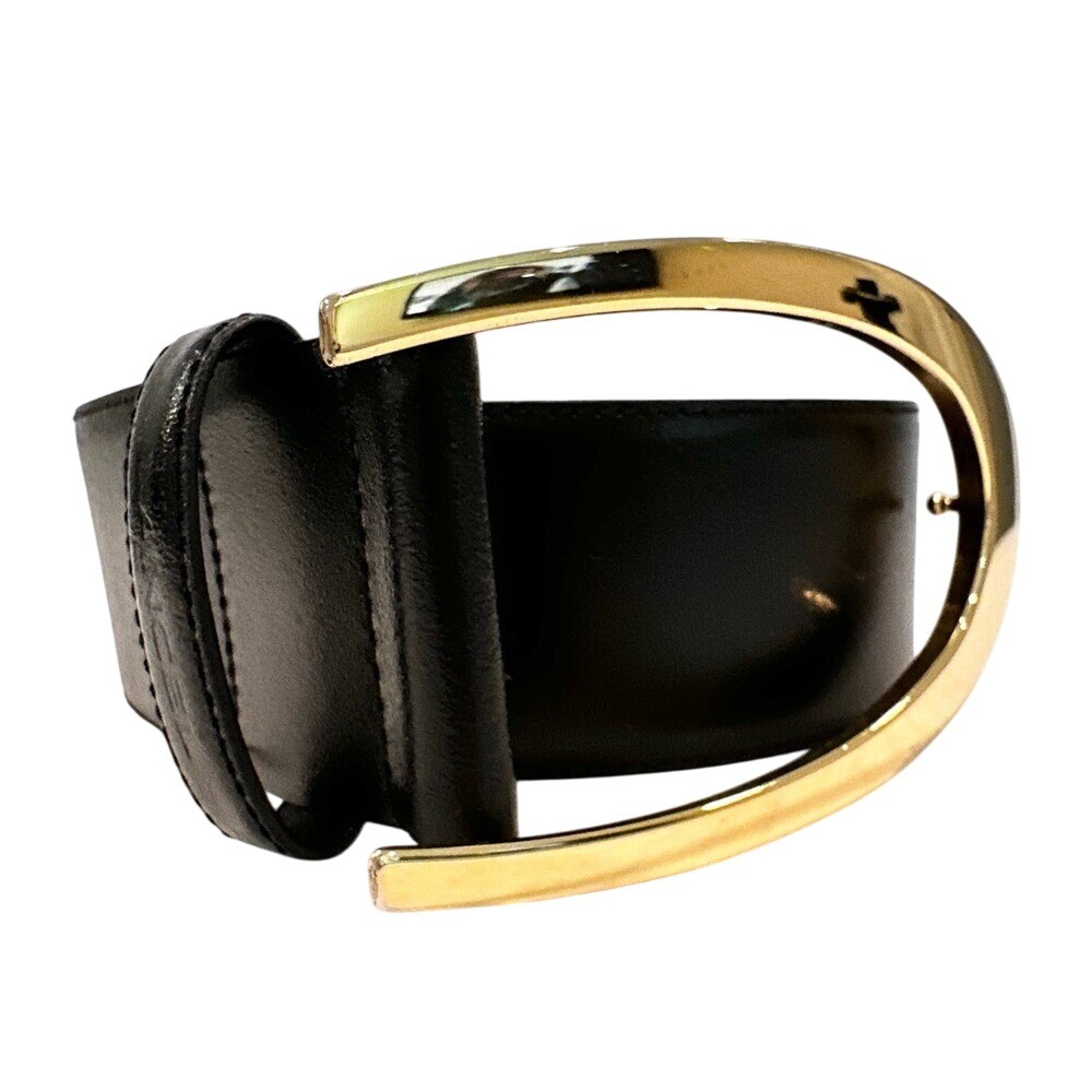 Lancel‎ Cowhide Leather Belt Chunky Gold Buckle Women's 80 Large Black Luxury